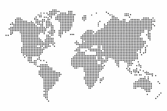Dotted world map illustration on a white background showing continental landmasses and oceans
