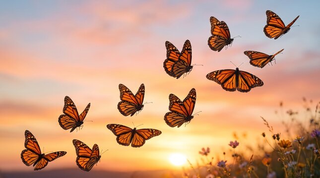 Monarch butterflies flying together during migration pattern. Group of orange insects moving across sunlit sky. Wildlife travel and nature journey concept for environmental science study.