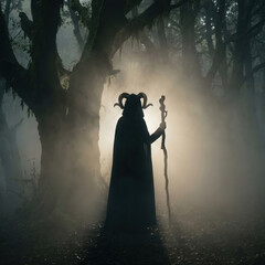 Obraz premium mysterious silhouetted figure in cloak and horned headdress holding wooden staff in foggy forest. pagan mythology, occult magic and dark fantasy concept. halloween background with copyspace.