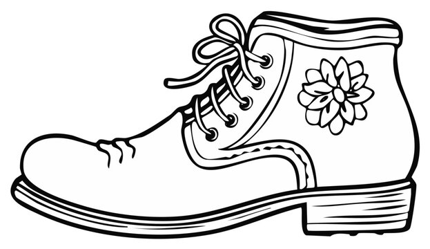 Outlined image of a boot with flower decoration and laces in a simple style