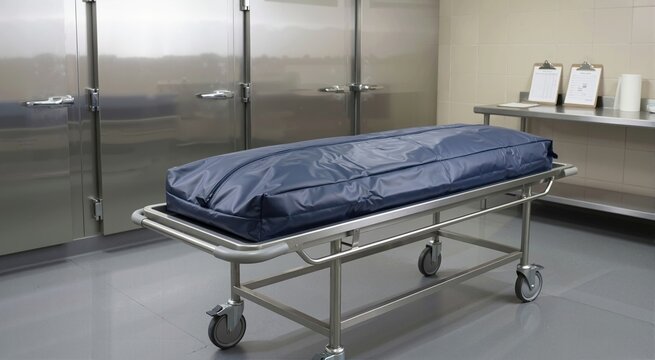 Blue body bag on a stainless steel gurney in a hospital morgue. Sterile clinical room with refrigerator doors and medical equipment
