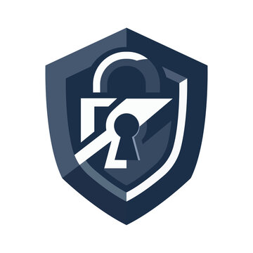 Dark 3D shield icon with a prominent padlock and keyhole concept. Vector logo design representing strong data encryption, privacy lock, and heavy-duty defense.