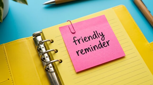 Pink sticky note with friendly reminder text on a yellow notepad page.