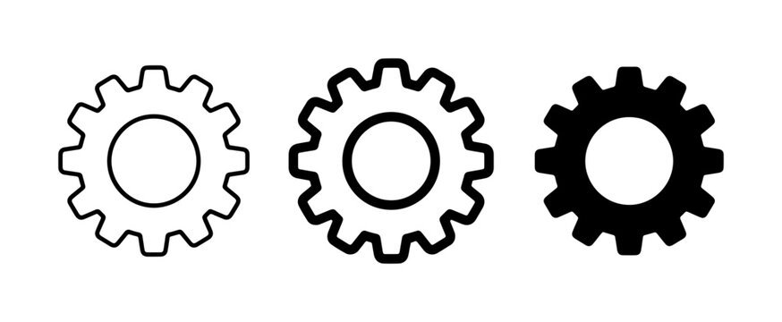 Three Gear Icons: Outline, Thick Line, Solid Black. Mechanical Engineering Symbols, Industry, Technology