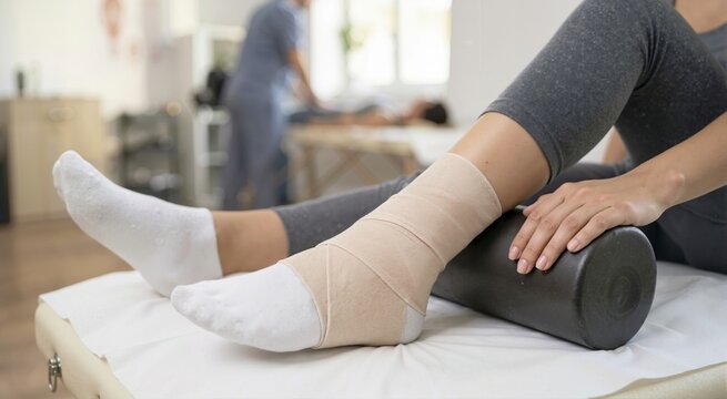 Patient resting an injured ankle wrapped in an elastic bandage on a foam roller. Physical therapy clinic treatment for a sprained joint