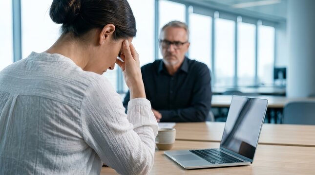 Two office workers discuss a hiring mistake during a tense disciplinary meeting.