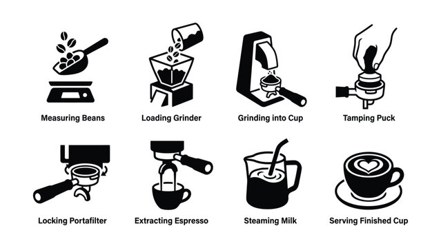Coffee making process steps icons in black and white on transparent background