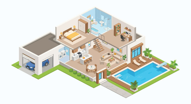 Isometric house cutaway illustration displaying interior rooms a swimming pool and a garage on a white background