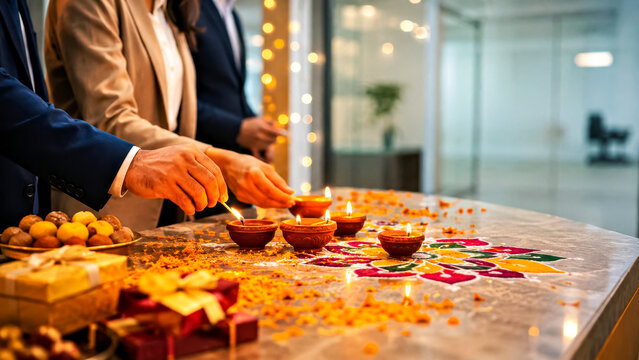 Hands of Colleagues Lighting Diyas on a Decorated Desk or Reception Counter