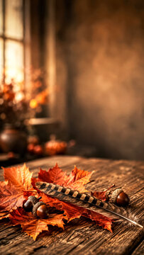 Autumn Leanes, Acorns and Turkey Feather  on Wooden Tabletop