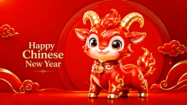 Cute Red Goat Mascot with Happy Chinese New Year Greeting for Festive Banner
