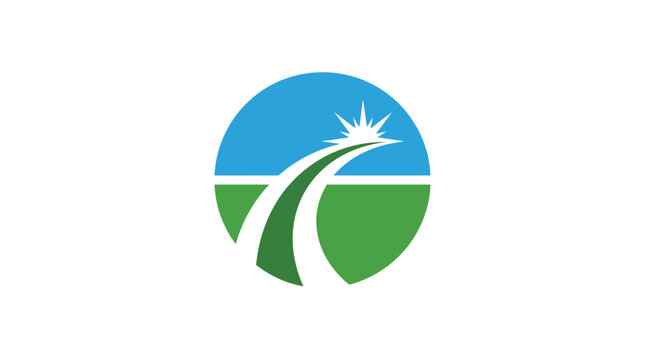 Minimalist vector illustration of a circular road logo design featuring bright blue sky and grass