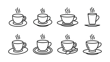 Obraz premium Eight black line art coffee cups on saucers with steam rising