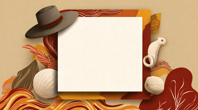 Flat vector social media template, Instagram post layout (1080x1080) with a decorative border of ga&uacute;cho icons (hat, gourd, horseshoe) framing empty center space for a photo or headline, warm colors