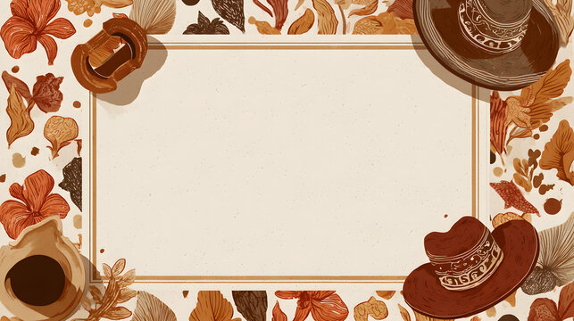 Flat vector social media template, Instagram post layout (1080x1080) with a decorative border of ga&uacute;cho icons (hat, gourd, horseshoe) framing empty center space for a photo or headline, warm colors