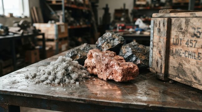 Copper cathode, lithium brine crystals, cobalt ore fragments, and shipping crate corner on steel table, symbolizing mineral demand and supply-chain pressure.
