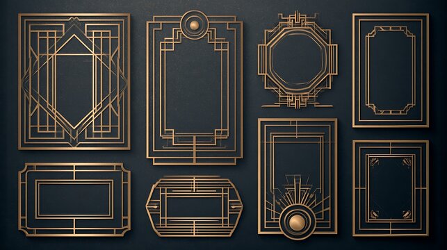 Set of gold art deco frames on dark background. These vintage geometric borders add elegance to wedding invitations.