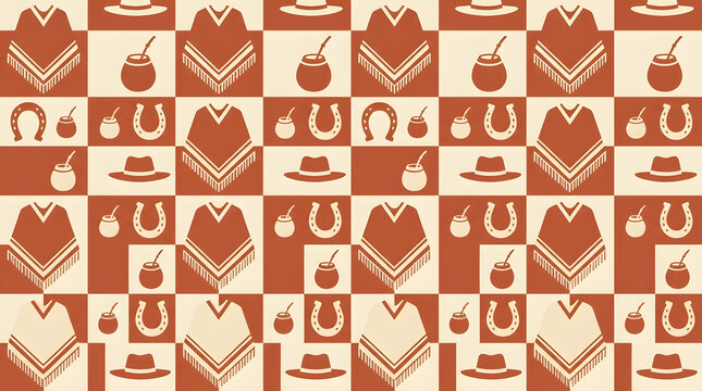 Seamless vector pattern, repeating ga&uacute;cho culture motifs &mdash; poncho fringe, mate gourd, horseshoe, wide-brimmed hat &mdash; in a two-color flat palette (terracotta and cream), tileable background