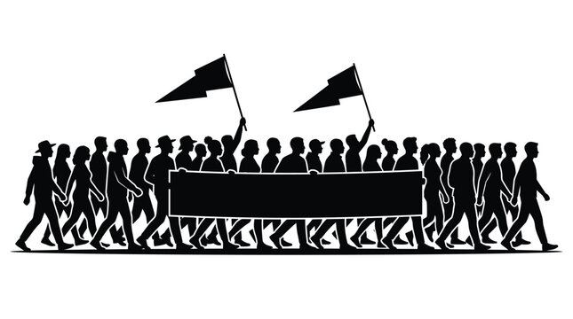 A large crowd of people marching together holding a blank protest banner and waving flags