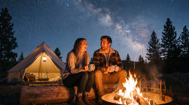 Couple sitting by a campfire under the starry night sky