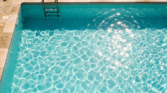 Clear turquoise swimming pool water with bright sunlight reflections