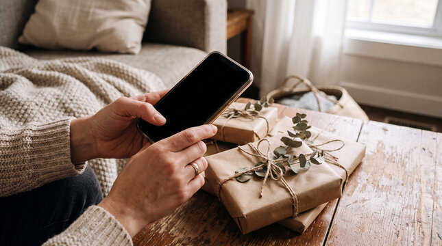 Person using smartphone over gift boxes on wooden table
