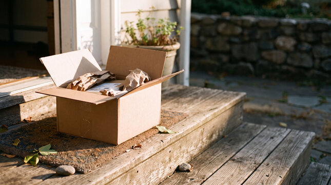 Open cardboard shipping box on front porch of a house