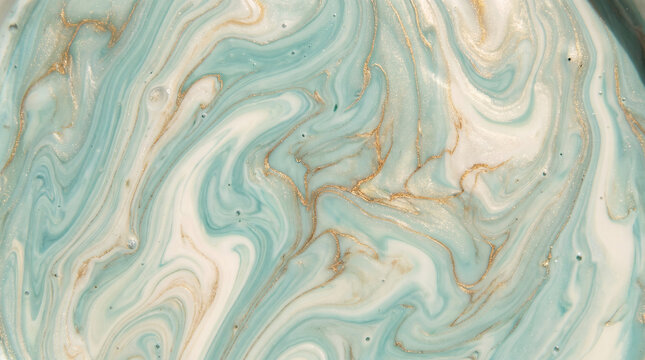 Abstract swirling liquid background with white teal and gold paint