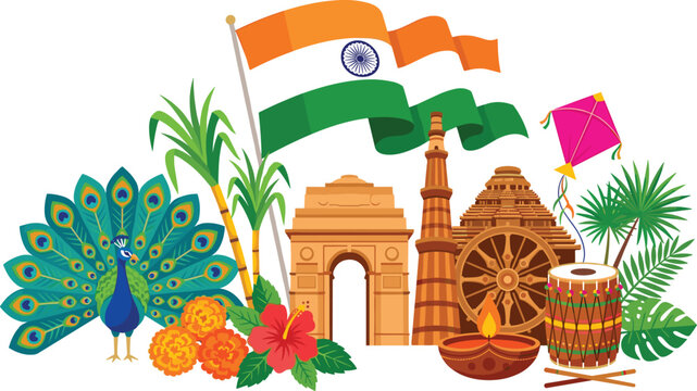 Indian cultural symbols monuments flag and heritage elements vector illustration for Independence and Republic Day.
