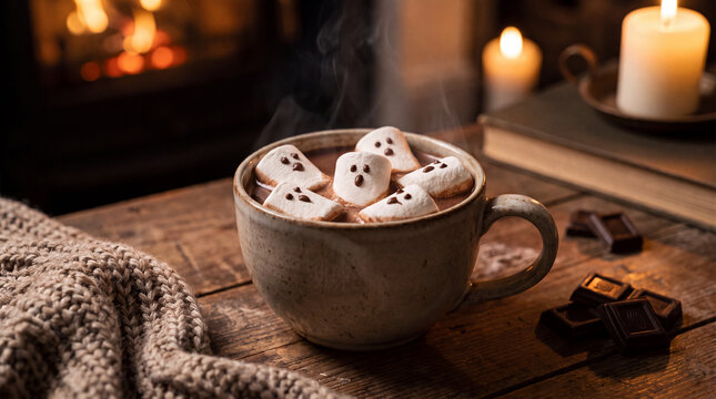 Hot chocolate mug with ghost shaped marshmallows on wooden table