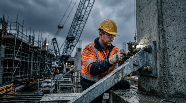 Structural engineer inspecting reinforced concrete columns, seismic braces, and anchor bolts at a construction site with storm clouds, scaffolding, and a crane.