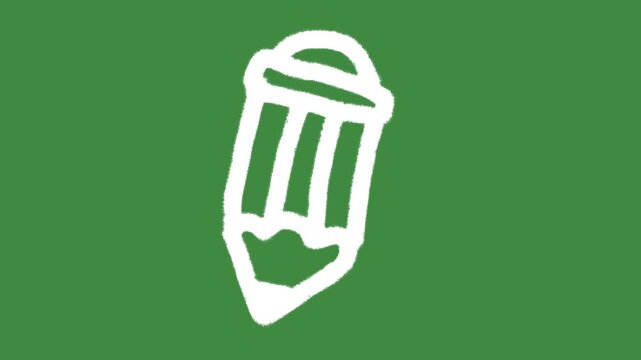 Wooden pencil eraser school hand-drawn cartoon graphic with chalk outline writing tool icon and creative design editing symbol isolated on green screen background for back to school line art element.