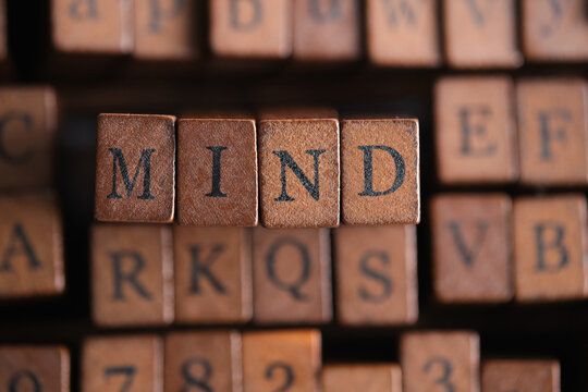 Word MIND spelled with vintage wooden letterpress blocks placed over blurred alphabet background.