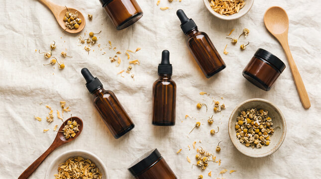 Amber bottles and chamomile flowers on white linen fabric