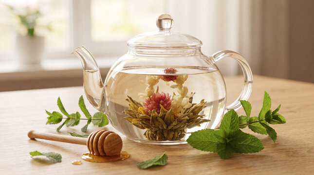 Blooming flower tea in glass teapot with mint and honey