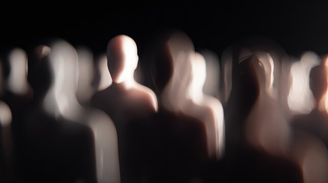 Crowd of blurred figures standing in a dark space during an unknown event or gathering