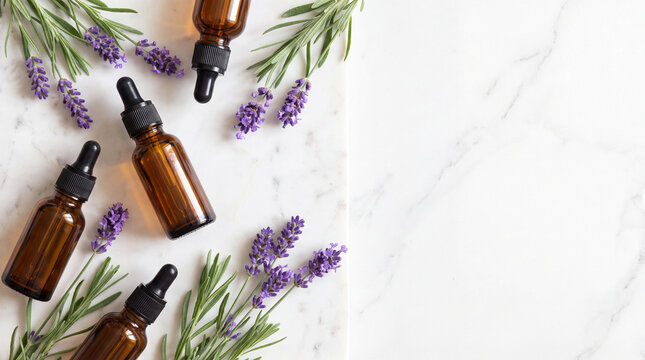Amber dropper bottles with fresh lavender on white marble surface
