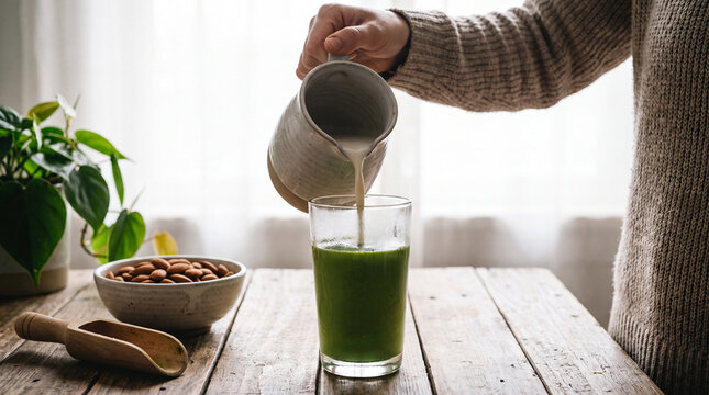Adding almond milk to a green smoothie in a glass