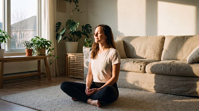 Woman meditating in lotus position on living room floor