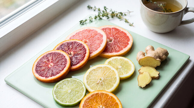 Citrus fruit slices with ginger and herbs on a board