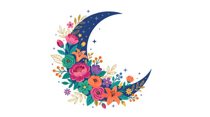 Fototapeta premium Crescent moon decorated with vibrant colorful flowers and leaves on white background
