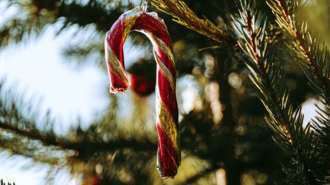 Candy cane decoration hanging on a Christmas tree with green pine needles and red ornaments in the background