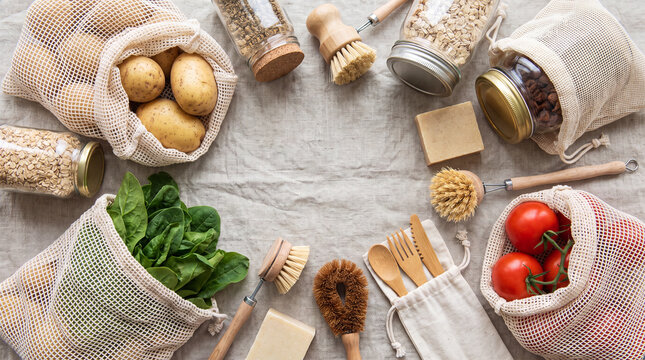 Zero waste grocery shopping essentials on a linen background