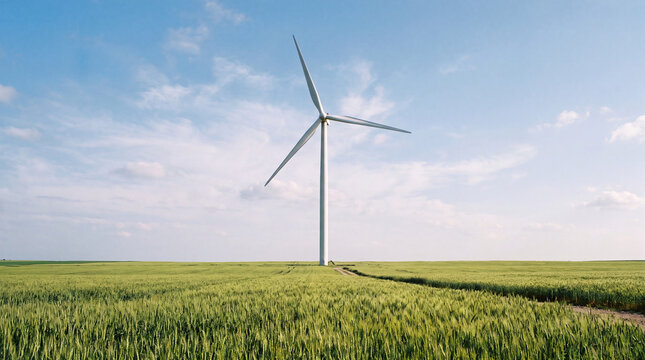 Wind turbine standing in a green wheat field
