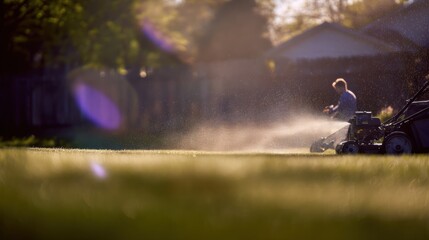 Fototapeta premium Person mows lawn in the late afternoon near a house with trees and sunlight shining through