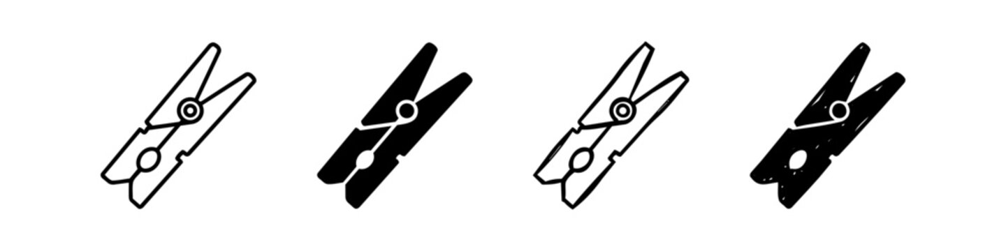 Set of four clothespin icons in outline, solid, and hand-drawn styles. Useful for laundry, home chores, and craft design themes.