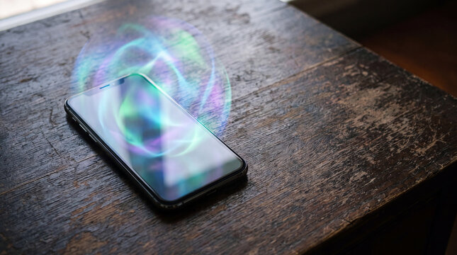 Smartphone showing abstract holographic light projection on wooden