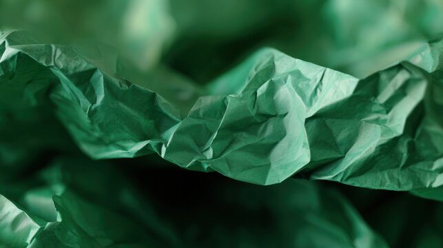 Crumpled green paper forms textures and patterns in a close-up shot taken indoors