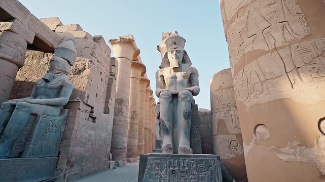 4k low angel footage of ramsses ii statue in luxor temple, Egypt. Pylon of Ramesses II On Ancient Egyptian Temple Complex In Luxor City, Egypt. Low Angle Shot. 