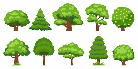Collection Of Cartoon Trees With Green Foliage On A White Background © SagoriRani